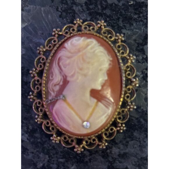 Vintage Cameo Brooch Rhinestone Victorian Style Lady Profile Gold-Tone Filigree - Picture 1 of 9